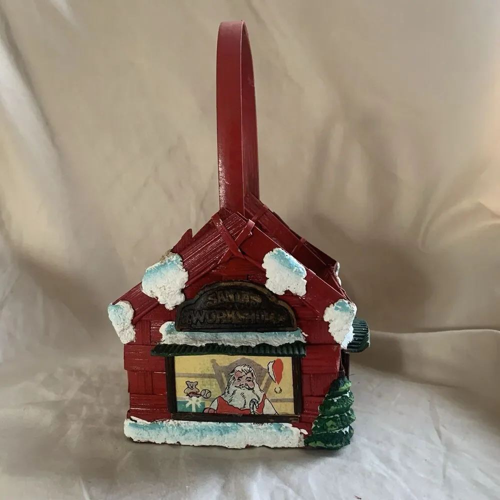 VTG Christmas Bamboo Basket, Santa Workshop 3D Effect, Small 6x6x11”